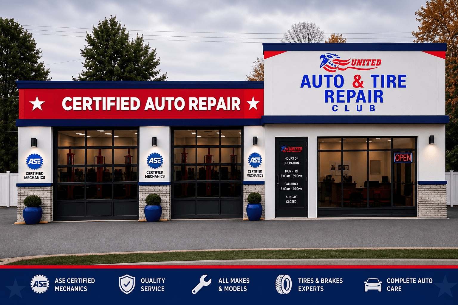 Exterior concept rendering of the planned United Auto & Tire Repair Club shop